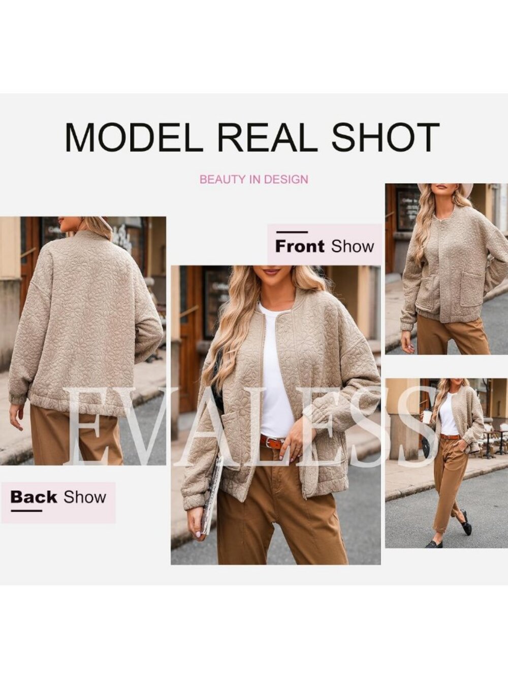 Stylish Women's Jacquard Bomber Jacket - Zip Up Coat with Pockets, Trendy - Picture 6 of 6